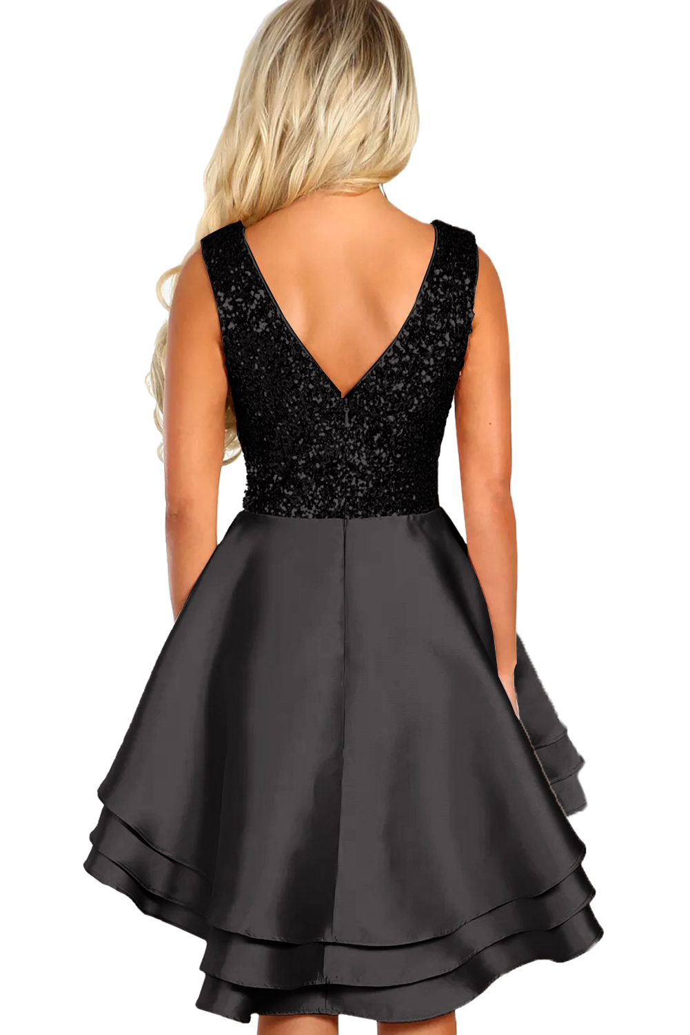 BY220591-2 HEART BROKEN BLACK GOLD SEQUIN MULTI LAYER SKATER DRESS